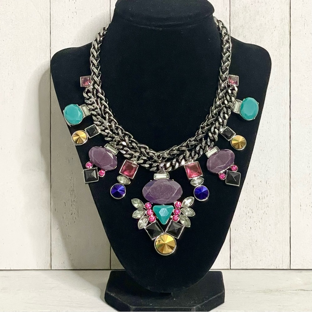 TRINA TURK Gunmetal Crystal Bib Statement Piece Necklace
